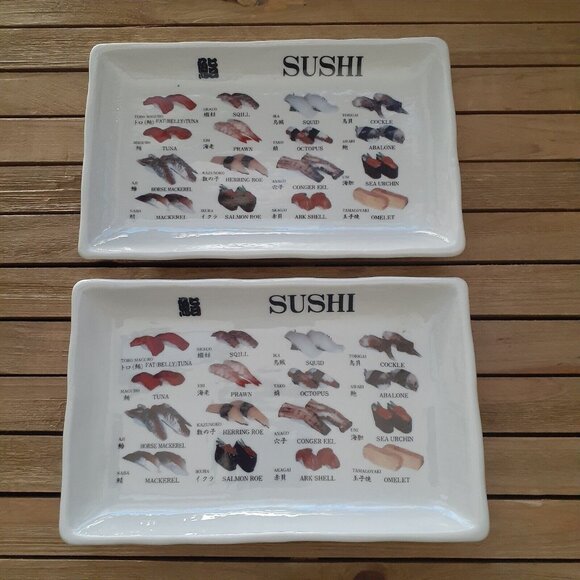 Two Rectangular Japanese Sushi Plates Fish Tuna Prawn Salmon Squid Abalone Japan - Picture 3 of 6
